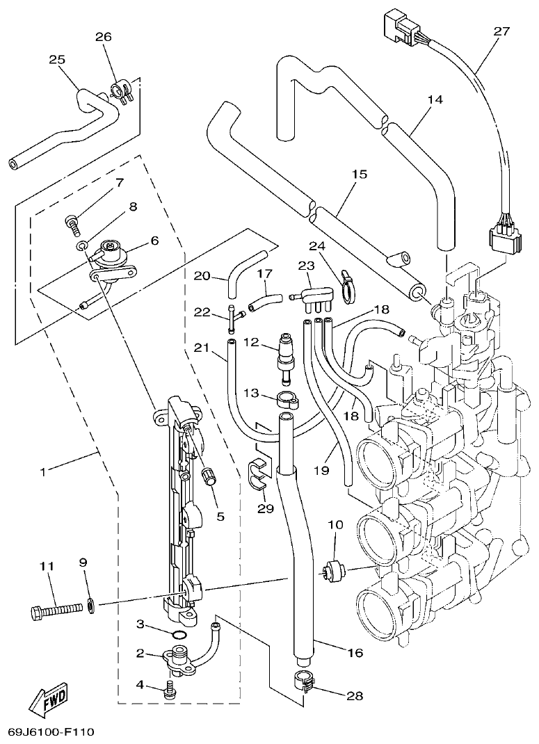 Yamaha F200A, F225A, FL200A, FL225A, F225TR, F200TR, LF225TR, LF200TR THROTTLE BODY ASSY 3 parts diagram